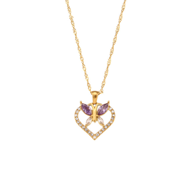 Zircon Stone Paved Hollow Heart Butterfly Stainless Steel Crystal Necklace