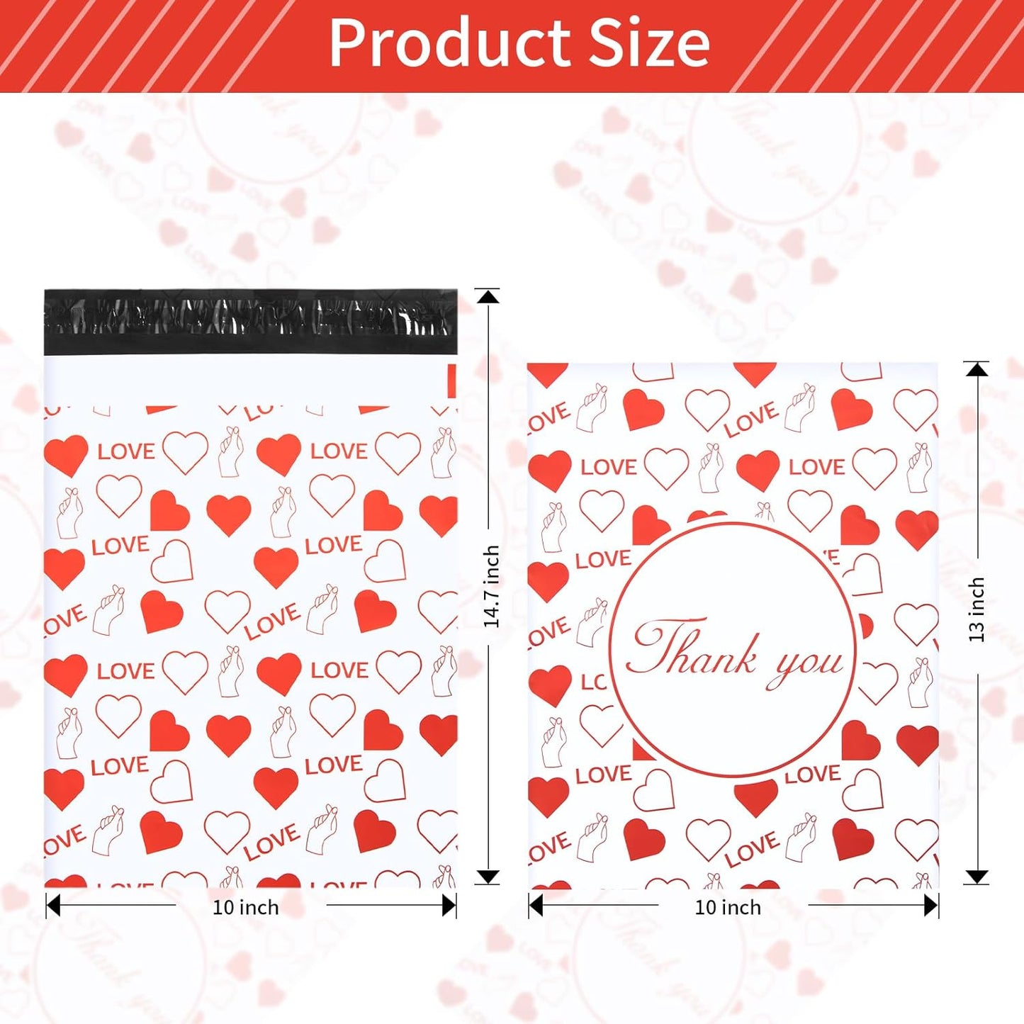 10x13 Red & White Thank You Love-Heart Poly Mailer Bags