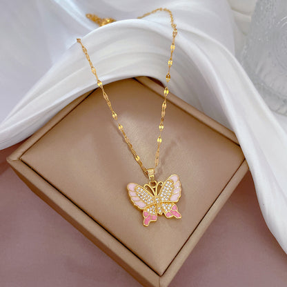 DIEYURO Pink Butterfly Zircon Stainless Steel Necklace