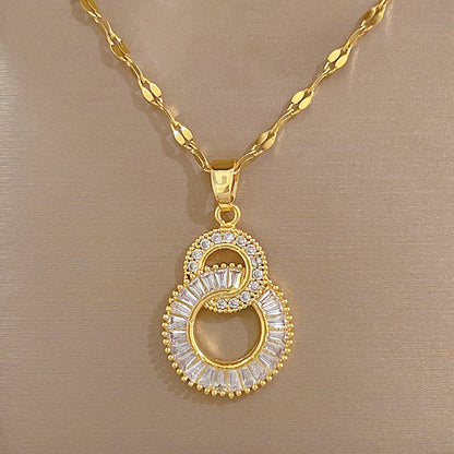 DIEYURO Crossover Circle Zircon Stainless Steel Necklace