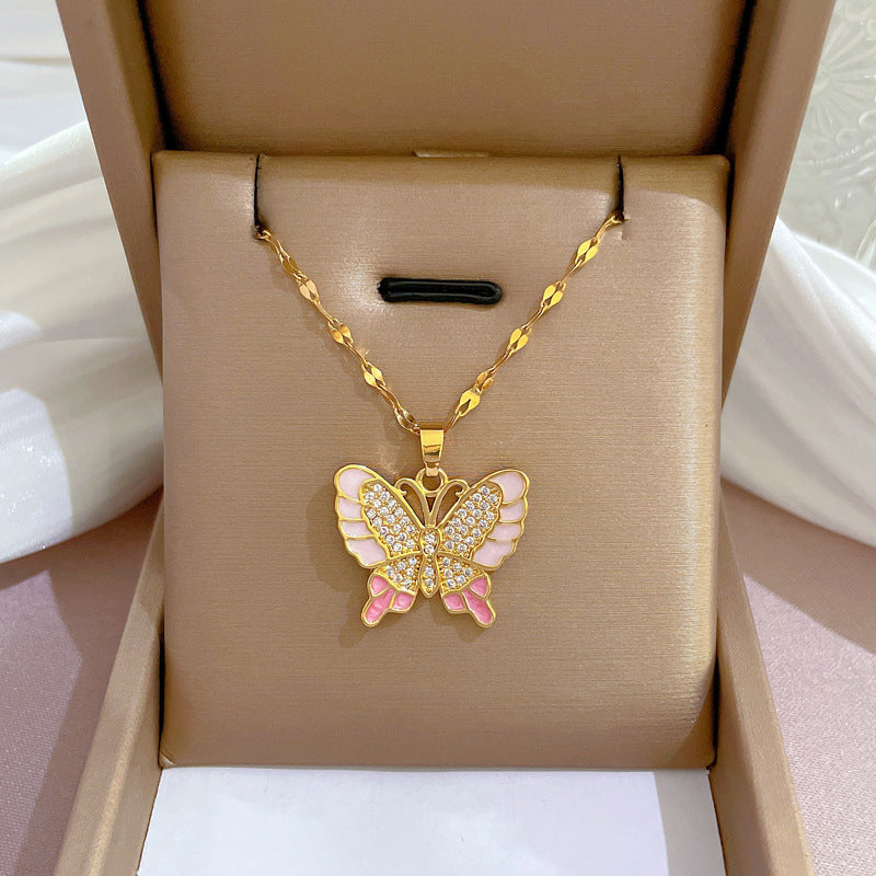 DIEYURO Pink Butterfly Zircon Stainless Steel Necklace