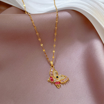 DIEYURO Pink Zircon Butterfly Stainless Steel Necklace