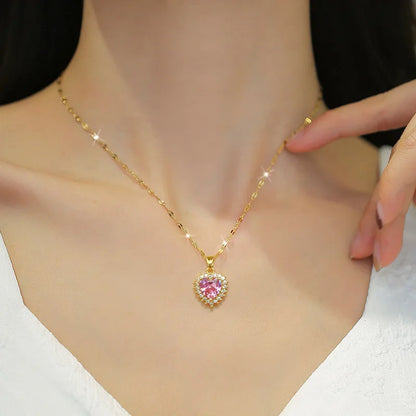 Pink Heart Stainless Steel Necklace & Earrings Set