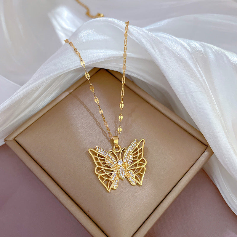 DIEYURO Hollow Butterfly Zircon Stainless Steel Necklace