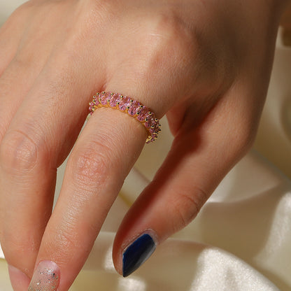 Pink Cubic Zirconia Stainless Steel Gold Chic Ring