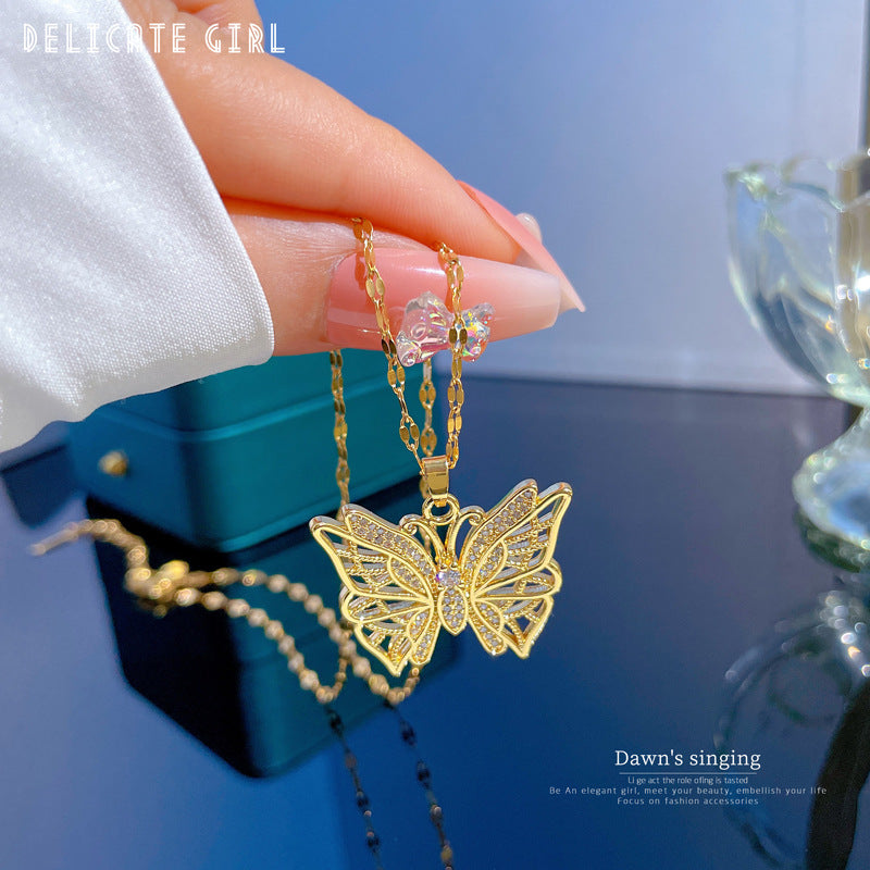 DIEYURO Hollow Butterfly Zircon Stainless Steel Necklace