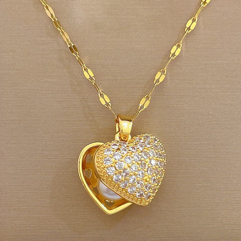 OIMG Pearl Heart Zirconia Stainless Steel Necklace