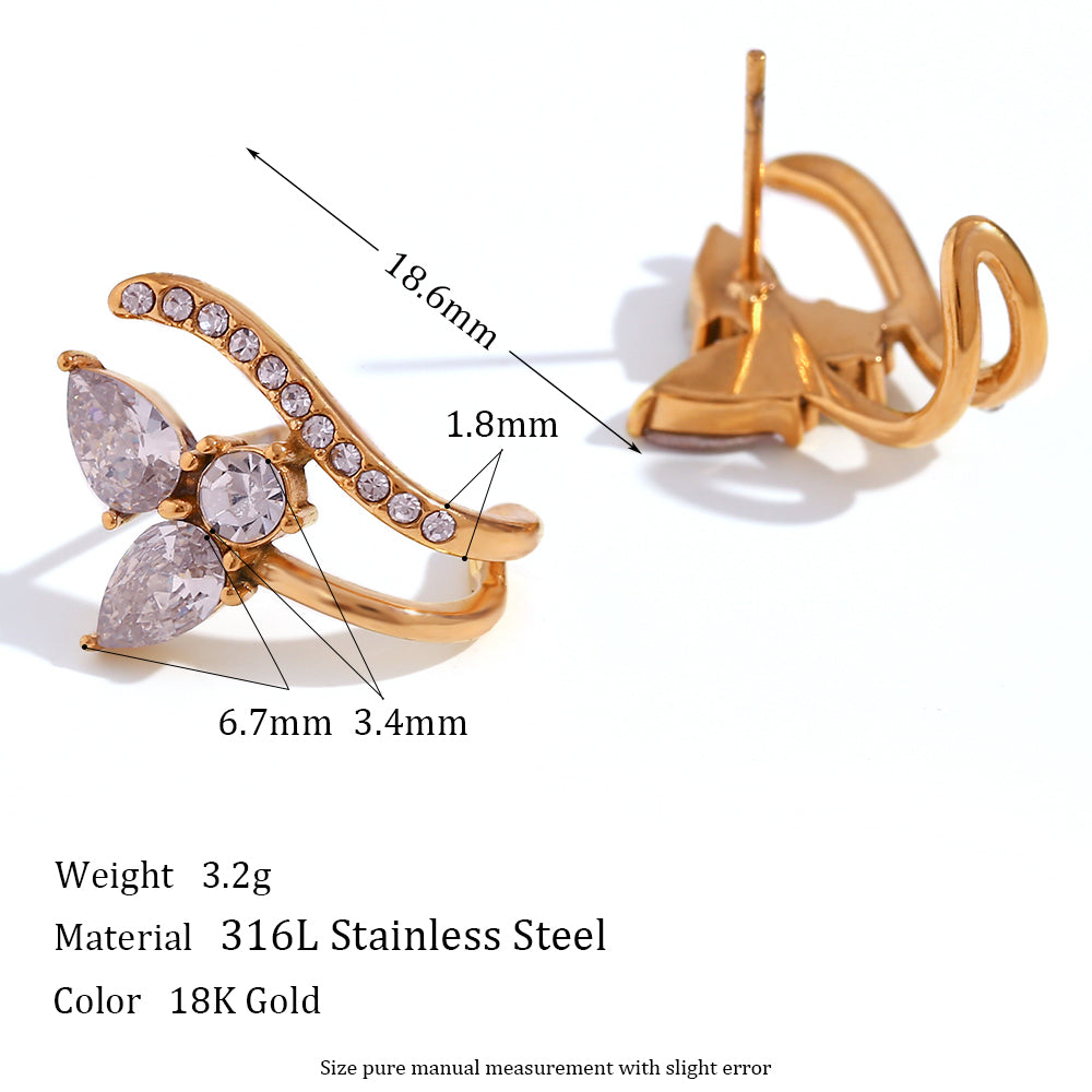 Curve Flower 3A Cubic Zirconia Huggies Gold Plated Stainless Steel Crystal Earrings