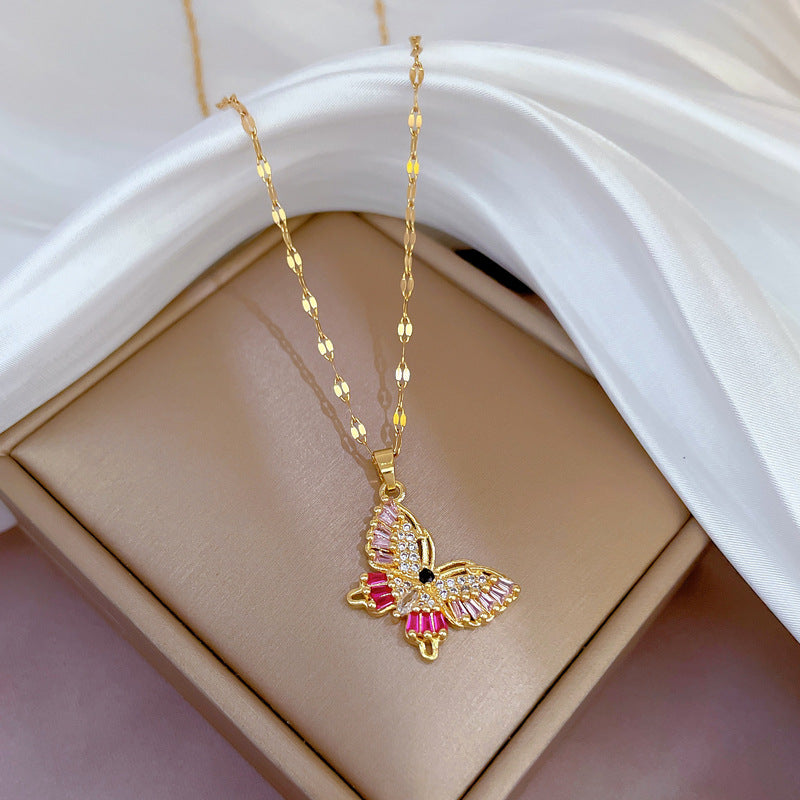 DIEYURO Pink Zircon Butterfly Stainless Steel Necklace