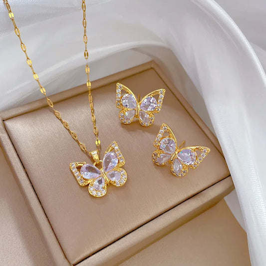 Zircon Butterfly Stainless Steel Necklace & Earrings Set