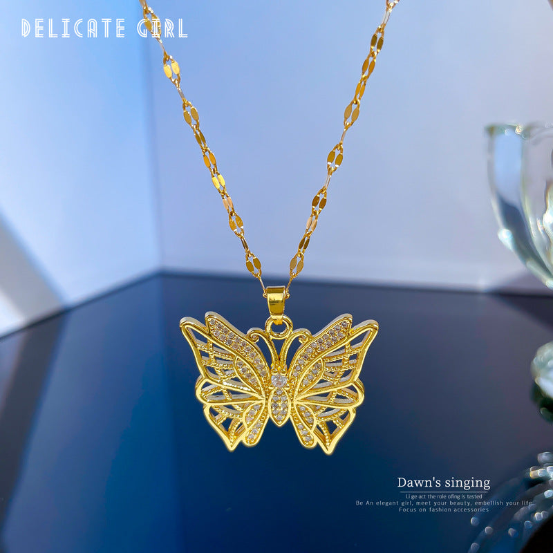 DIEYURO Hollow Butterfly Zircon Stainless Steel Necklace