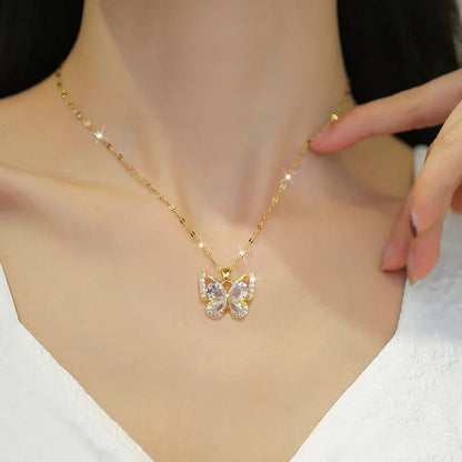 Zircon Butterfly Stainless Steel Necklace & Earrings Set