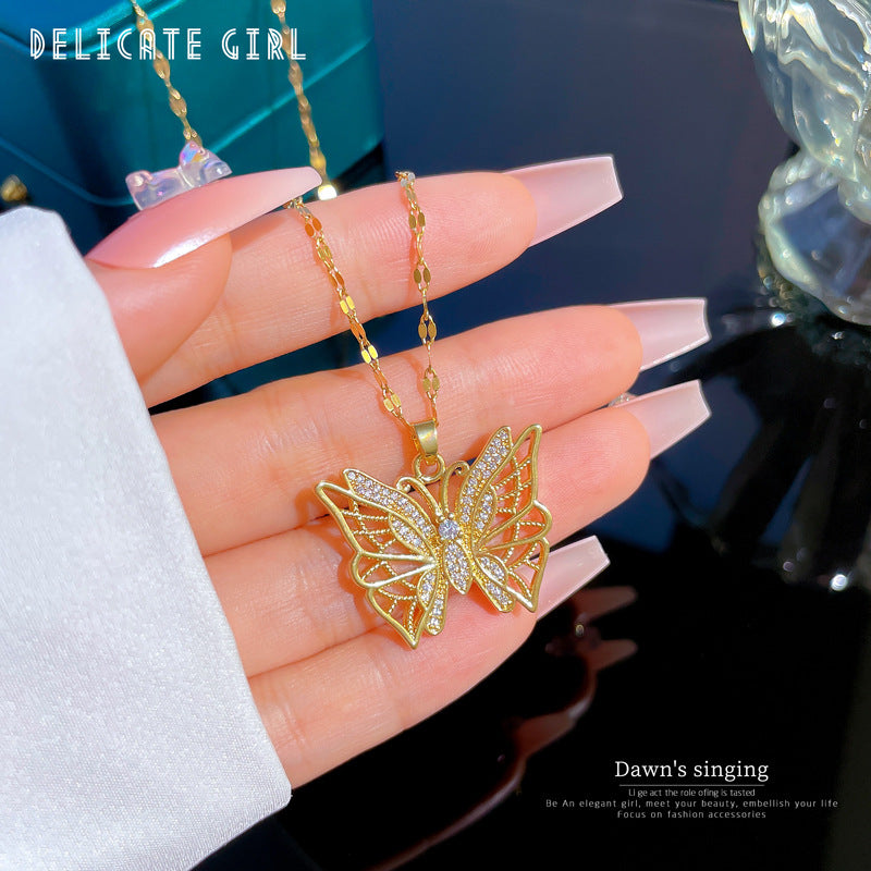 DIEYURO Hollow Butterfly Zircon Stainless Steel Necklace