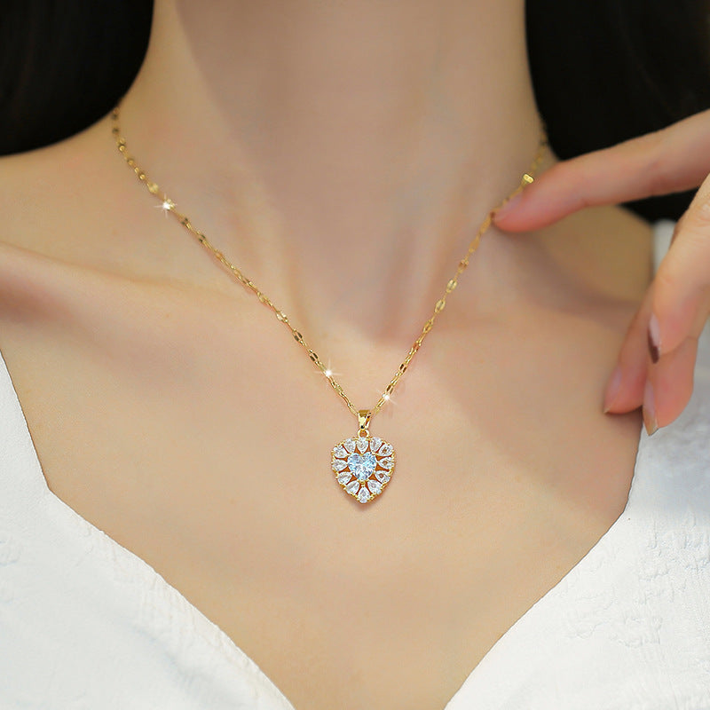 Heart Zircon Crystal Stainless Steel Necklace