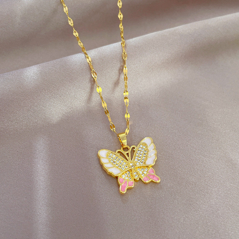 DIEYURO Pink Butterfly Zircon Stainless Steel Necklace