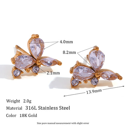 E.B.belle 3A Cubic Zirconia Leaf Stainless Steel Stud Earrings