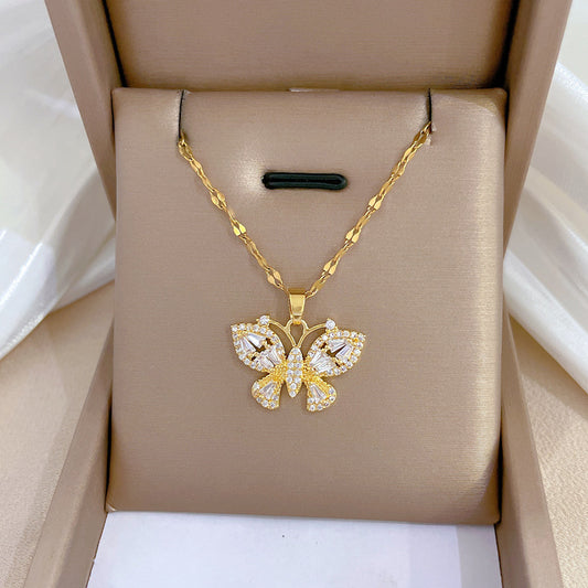 DIEYURO Butterfly Crystal Zircon Stainless Steel Necklace