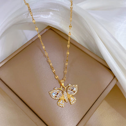 DIEYURO Butterfly Crystal Zircon Stainless Steel Necklace