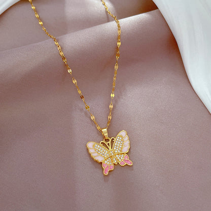 DIEYURO Pink Butterfly Zircon Stainless Steel Necklace