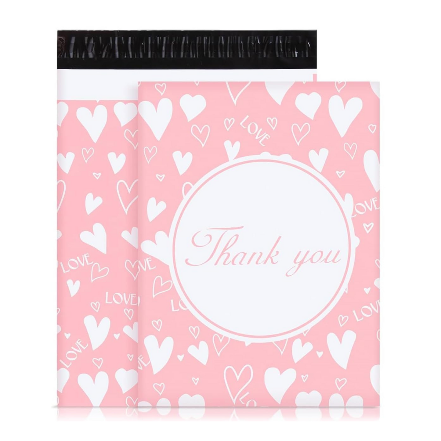 10x13 Pink & White Thank You Love-Heart Poly Mailer Bags