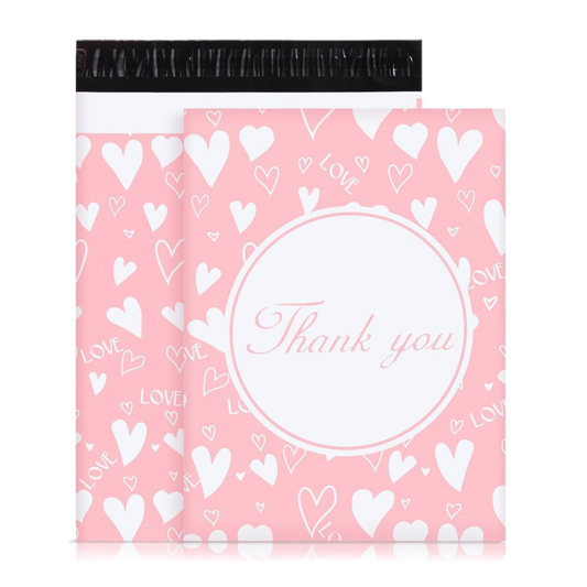 10x13 Pink & White Thank You Love-Heart Poly Mailer Bags