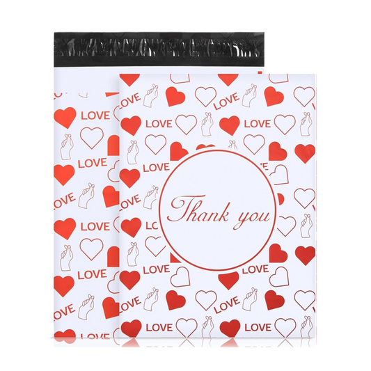 10x13 Red & White Thank You Love-Heart Poly Mailer Bags