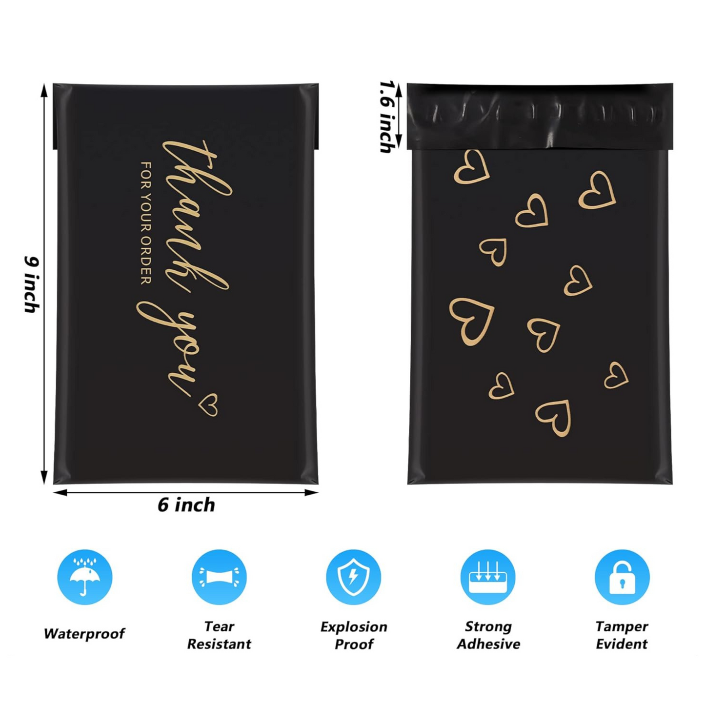 6x9 Thank You Black with Gold Heart Poly Mailer Bags