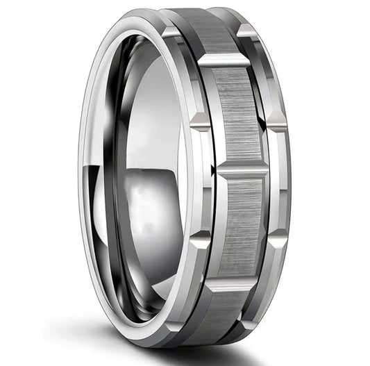 Silver Brick Patterned Groove Stainless Steel Ring