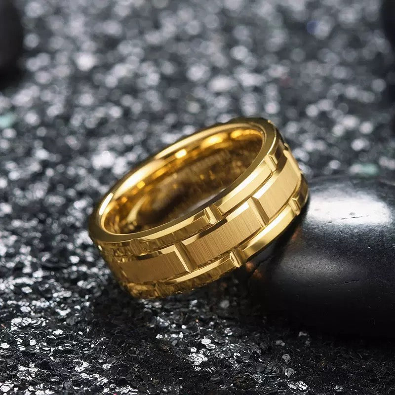 Gold Brick Patterned Groove Stainless Steel Ring