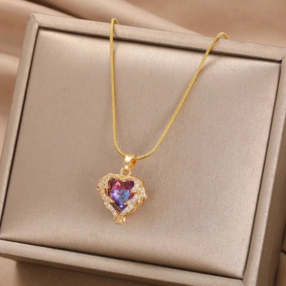 Crystal Heart Zircon Stainless Steel Necklace