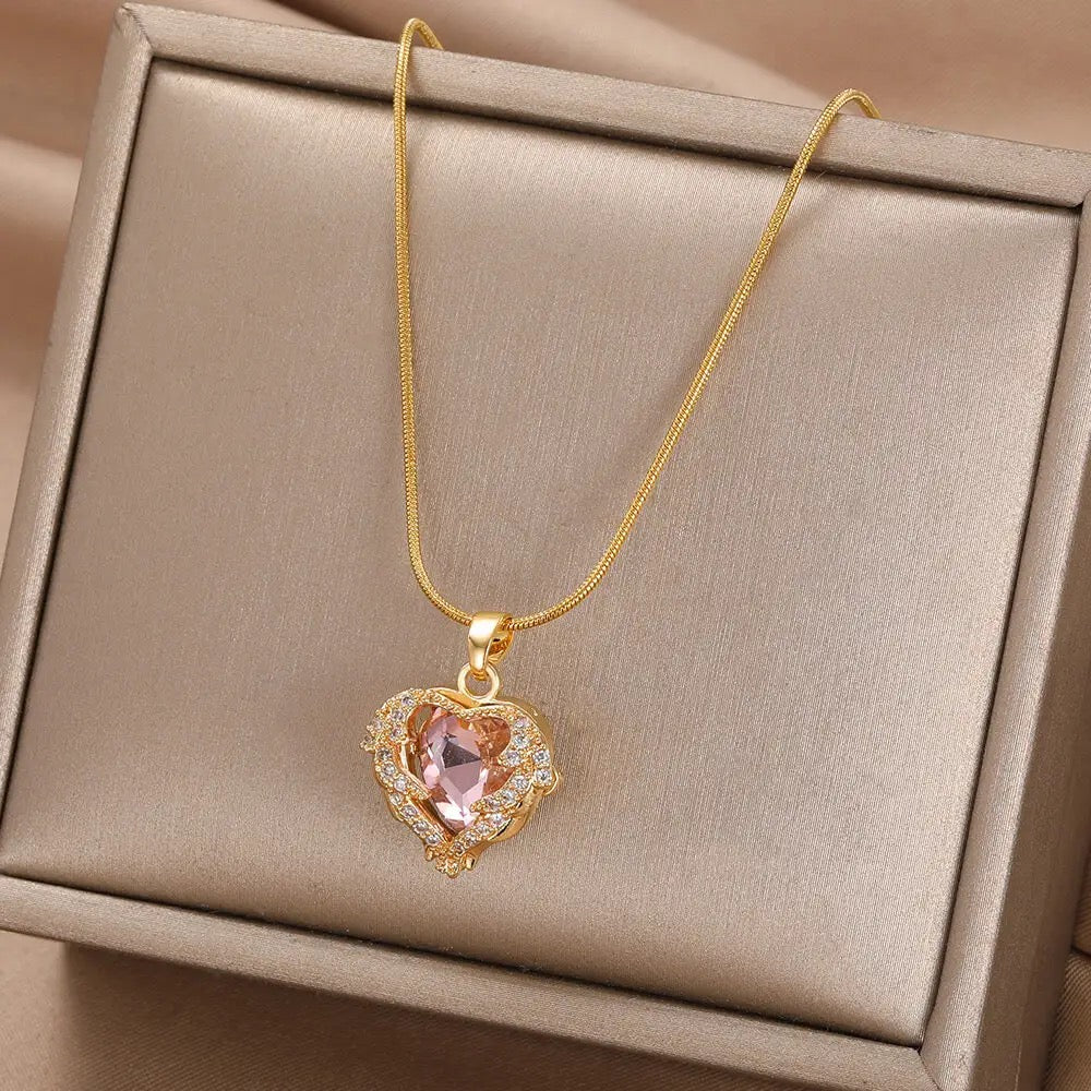 Crystal Heart Zircon Stainless Steel Necklace