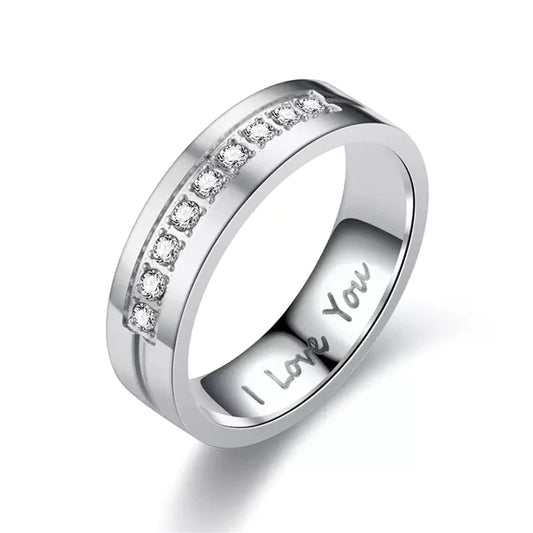 I Love You Silver Crystal Stainless Steel Ring