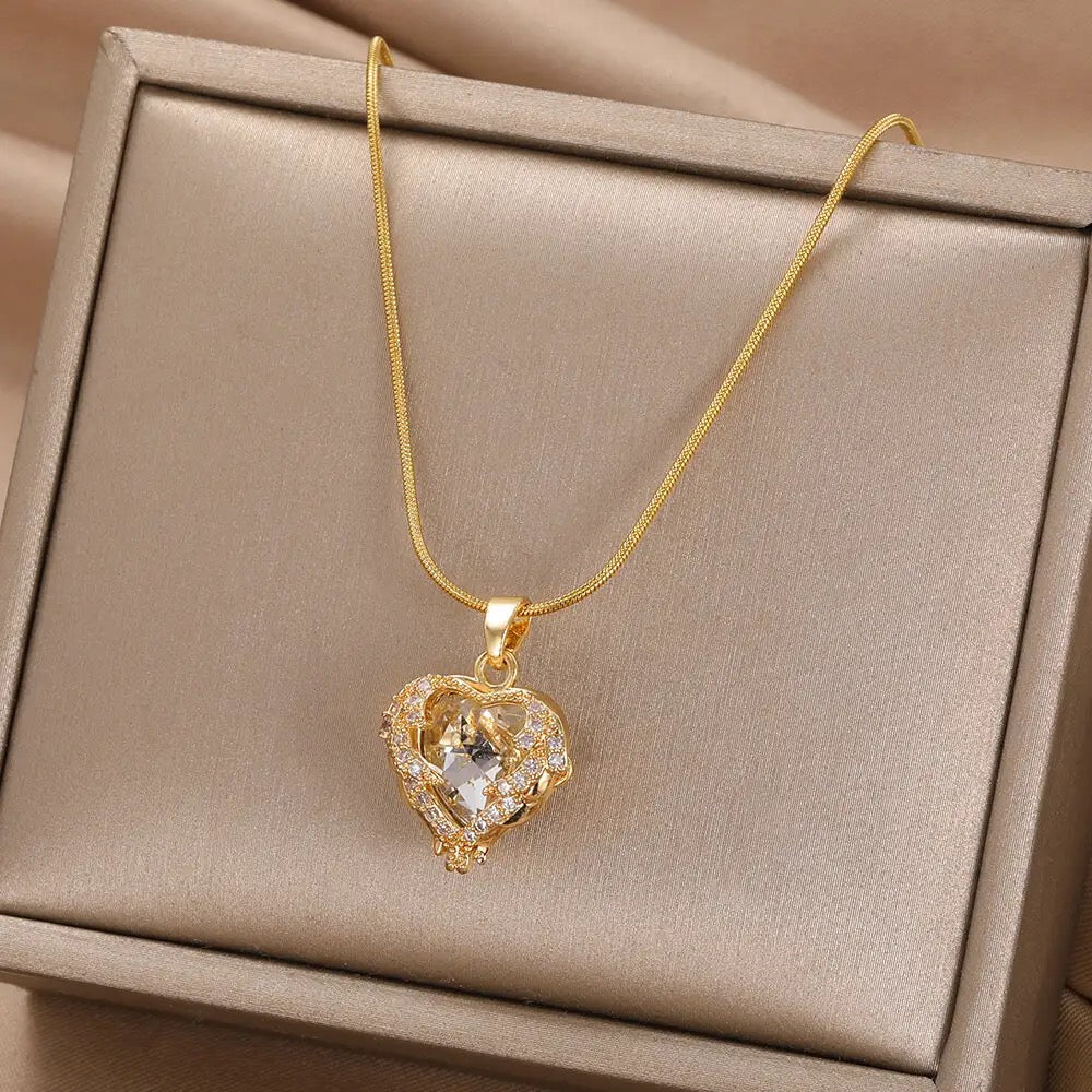 Crystal Heart Zircon Stainless Steel Necklace