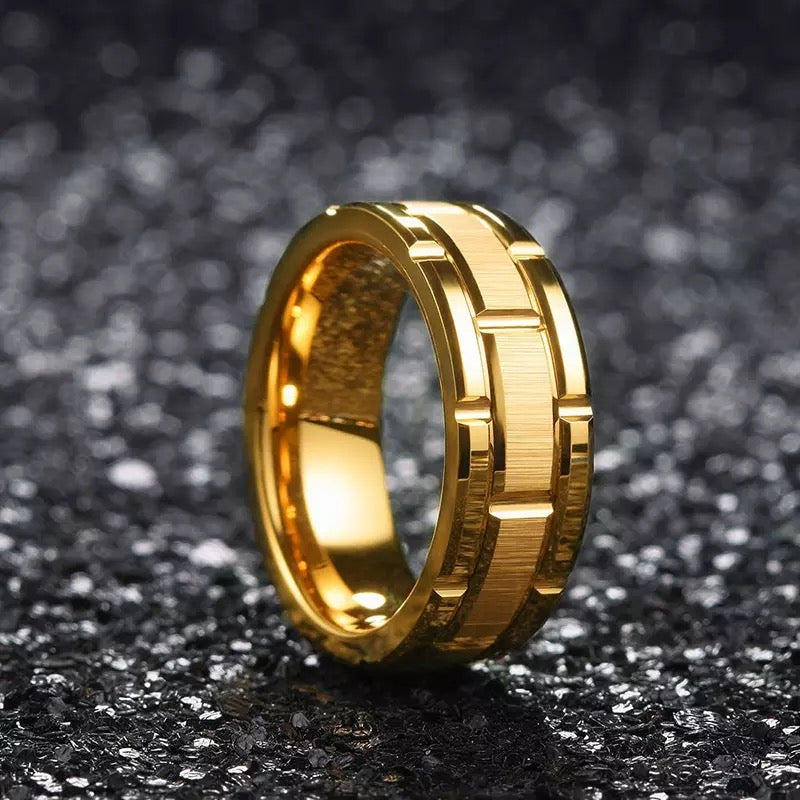 Gold Brick Patterned Groove Stainless Steel Ring