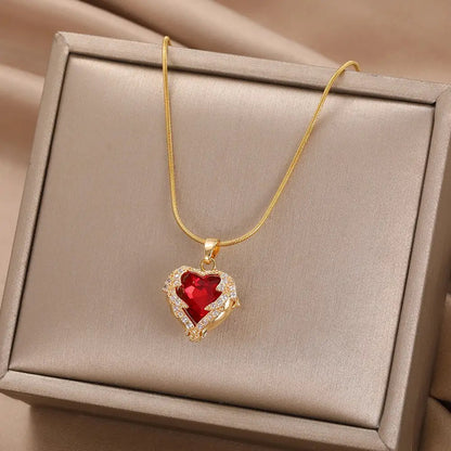 Crystal Heart Zircon Stainless Steel Necklace