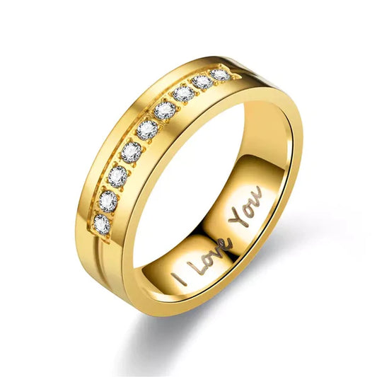 I Love You Gold Crystal Stainless Steel Ring