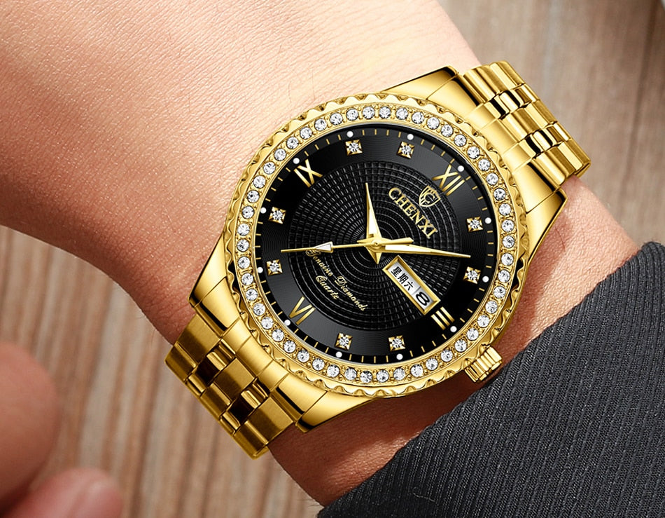 CHENXI Luxury Black-Golden Stainless Steel Watch for Men