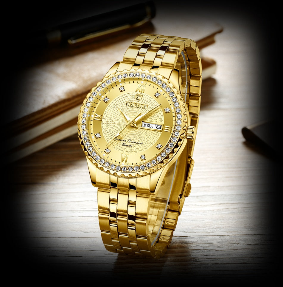 CHENXI Luxury Golden Stainless Steel Watch for Men