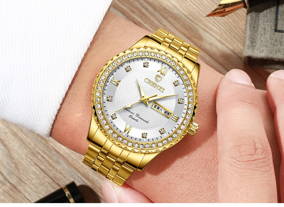 CHENXI Luxury White-Golden Stainless Steel Watch for Men