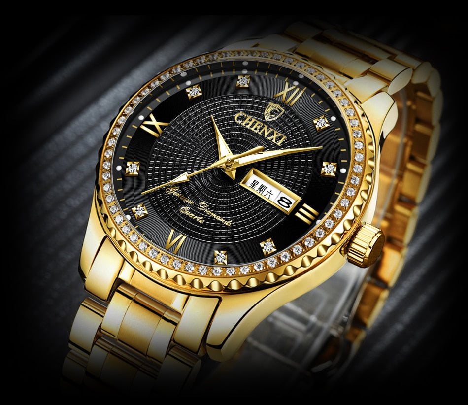 CHENXI Luxury Black-Golden Stainless Steel Watch for Men