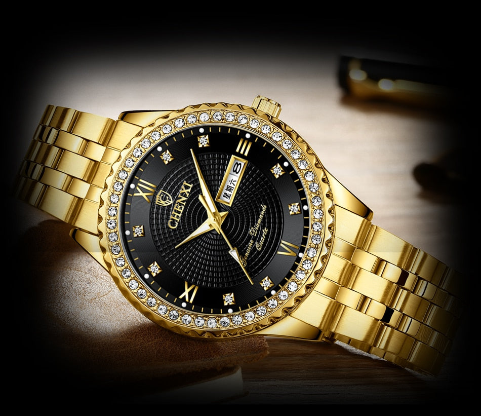 CHENXI Luxury Black-Golden Stainless Steel Watch for Men