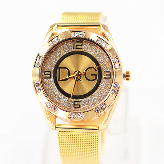 DQG Gold Crystal Quartz Stainless Steel Watch for Women