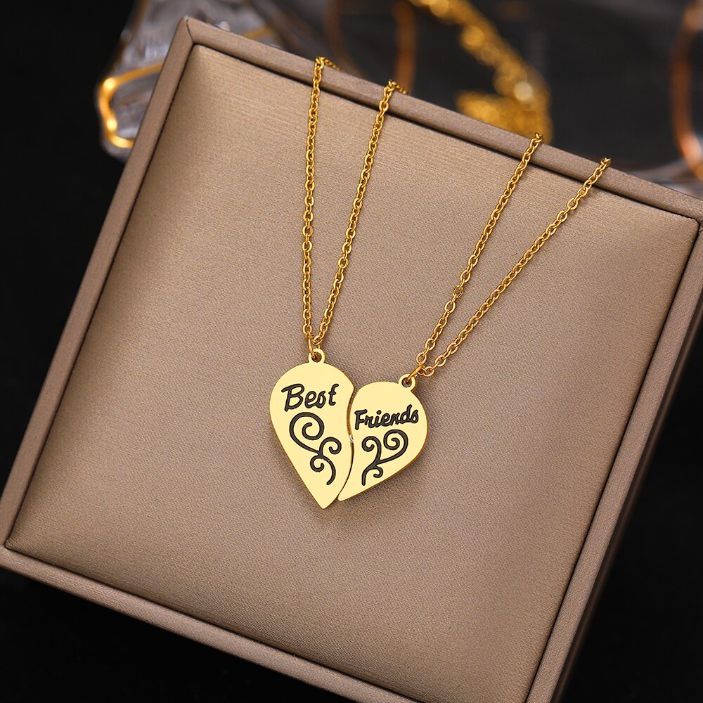 Vine Design Heart Best Friends Stainless Steel Necklace Set