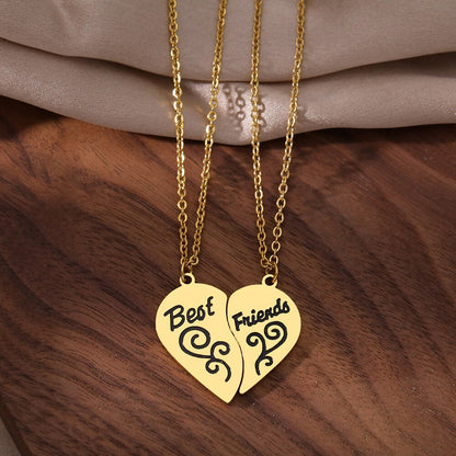 Vine Design Heart Best Friends Stainless Steel Necklace Set