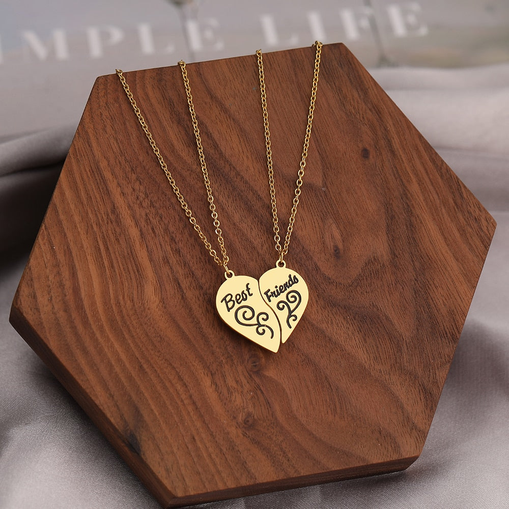 Vine Design Heart Best Friends Stainless Steel Necklace Set