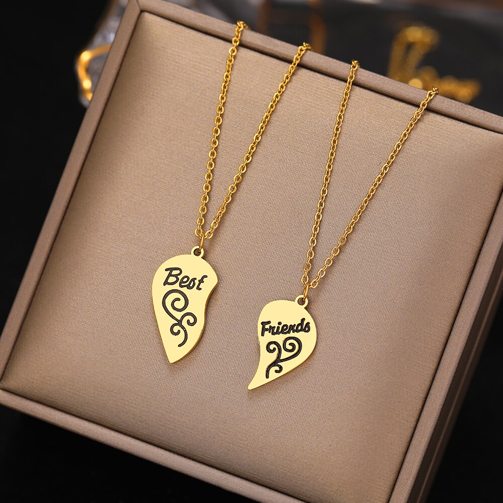 Vine Design Heart Best Friends Stainless Steel Necklace Set