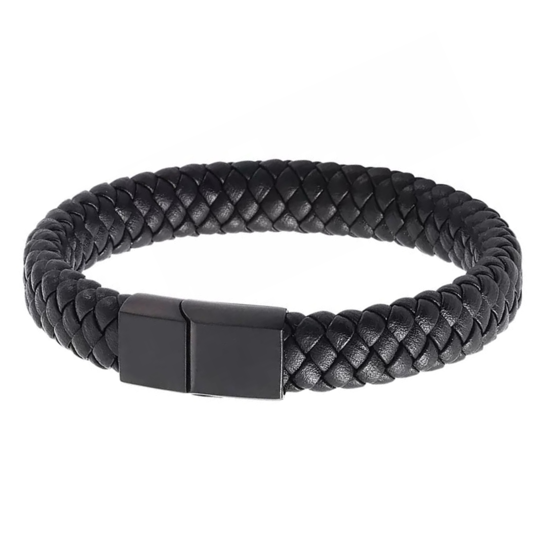 Black Leather Braided Cuff Bracelet