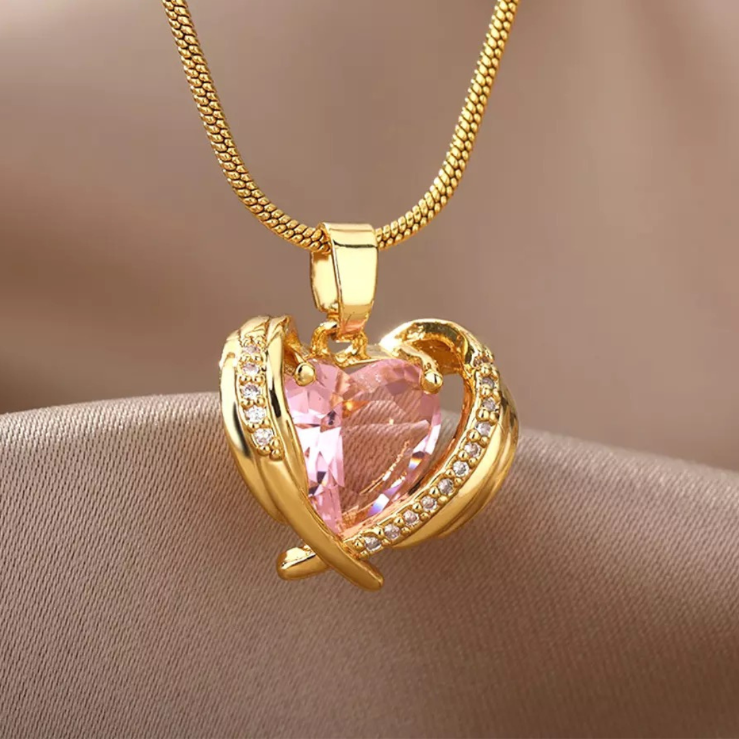 Pink Crystal Heart Stainless Steel Necklace