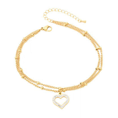 Zircon Heart Charm Double Layer Stainless Steel Anklet