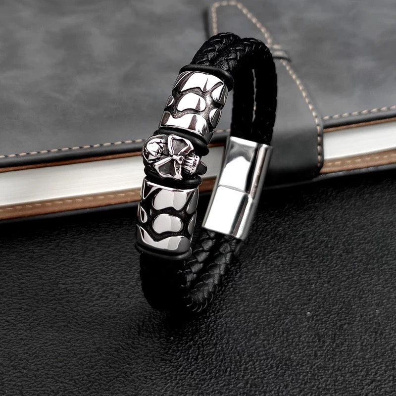 Bohemian Skull Stainless Steel Braided Leather Bracelet